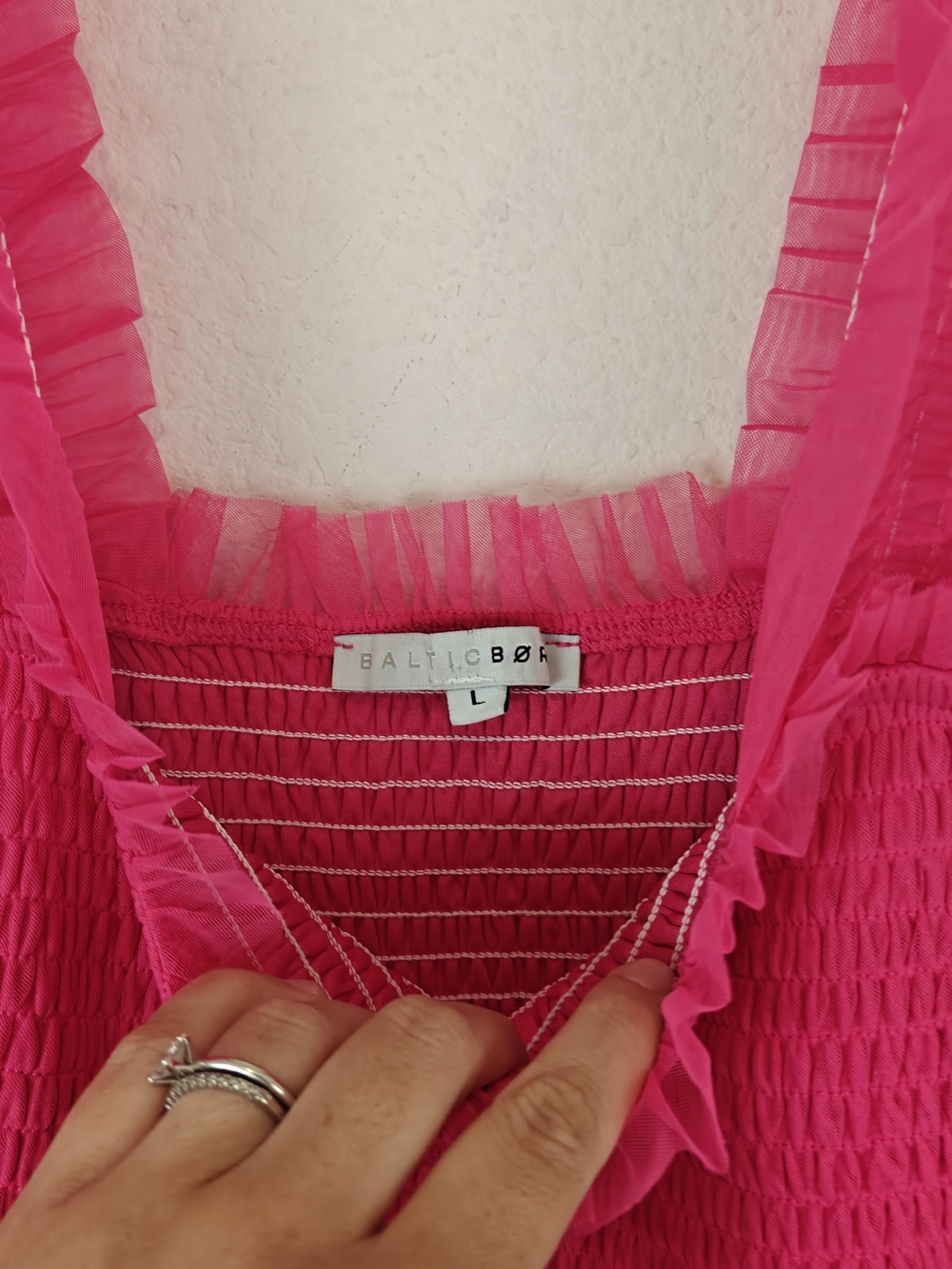 Baltic Born Hot Pink Smocked Tulle Midi Dress Romantic Formal Gown Sz LG - Picture 10 of 14